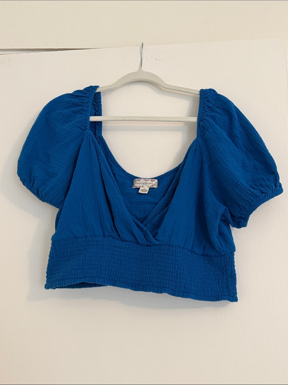 Cobalt Blue Puff-Sleeve Cropped Top with Smocked Hem